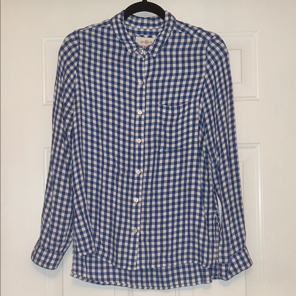 So Perfect Gingham Shirt Women’s M Blue White Lightweight Flannel Checkered